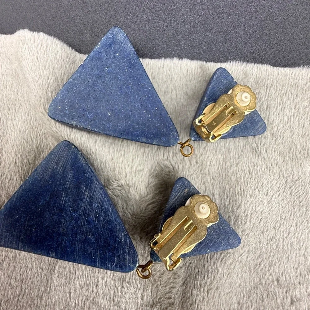 Estate Jewelry Set Blue Necklace Clip On Earrings Geometric Layered 34